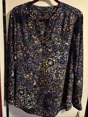 Zac & Rachel Navy Floral V-Neck Long Sleeve Blouse